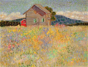 Lite trehus i en blomstrende eng, ca. 1909 (olje på limbrett)
